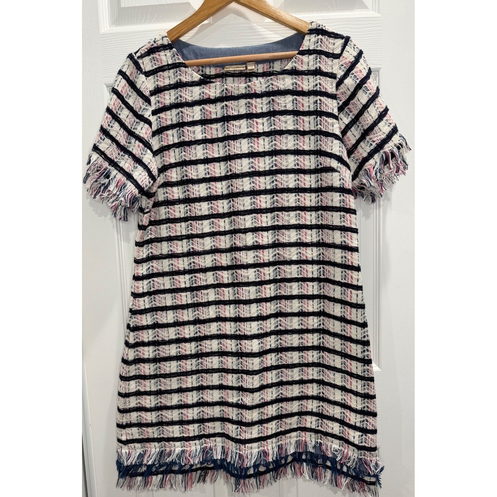 Holding Horses Anthropologie Striped Tweed Fringe Shift Dress Navy White Pink 10